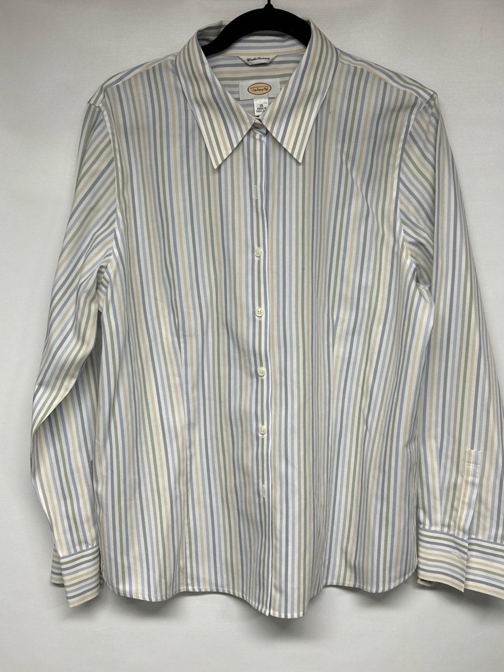 Talbots Women's Button-Down Shirt in Blue, Cream & Light Green Stripes